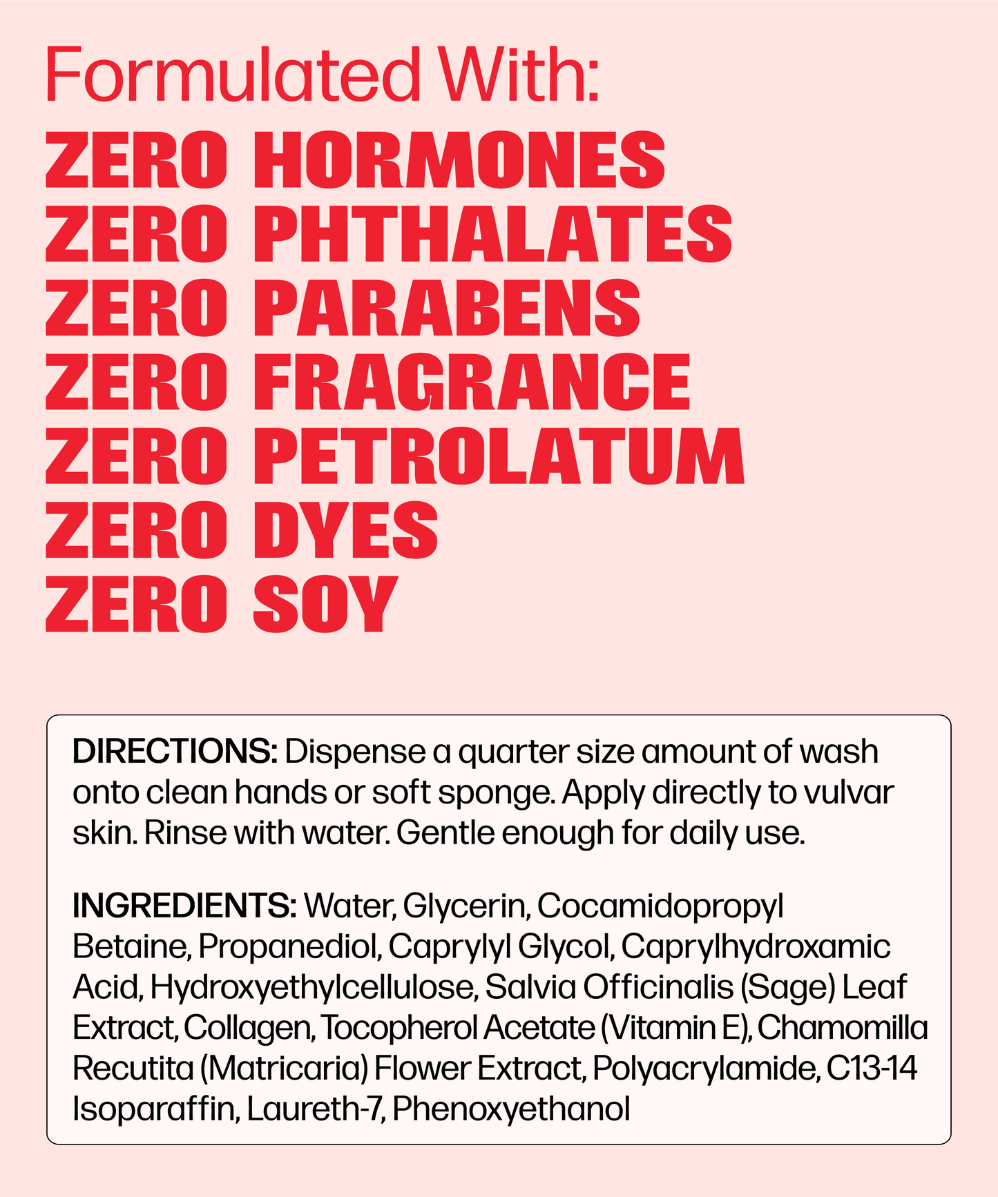The VMAGIC® Vulva Wash label states it is a gentle feminine wash made with zero hormones, phthalates, parabens, fragrance, petrolatum, dyes, or soy. Directions and ingredients are listed below.