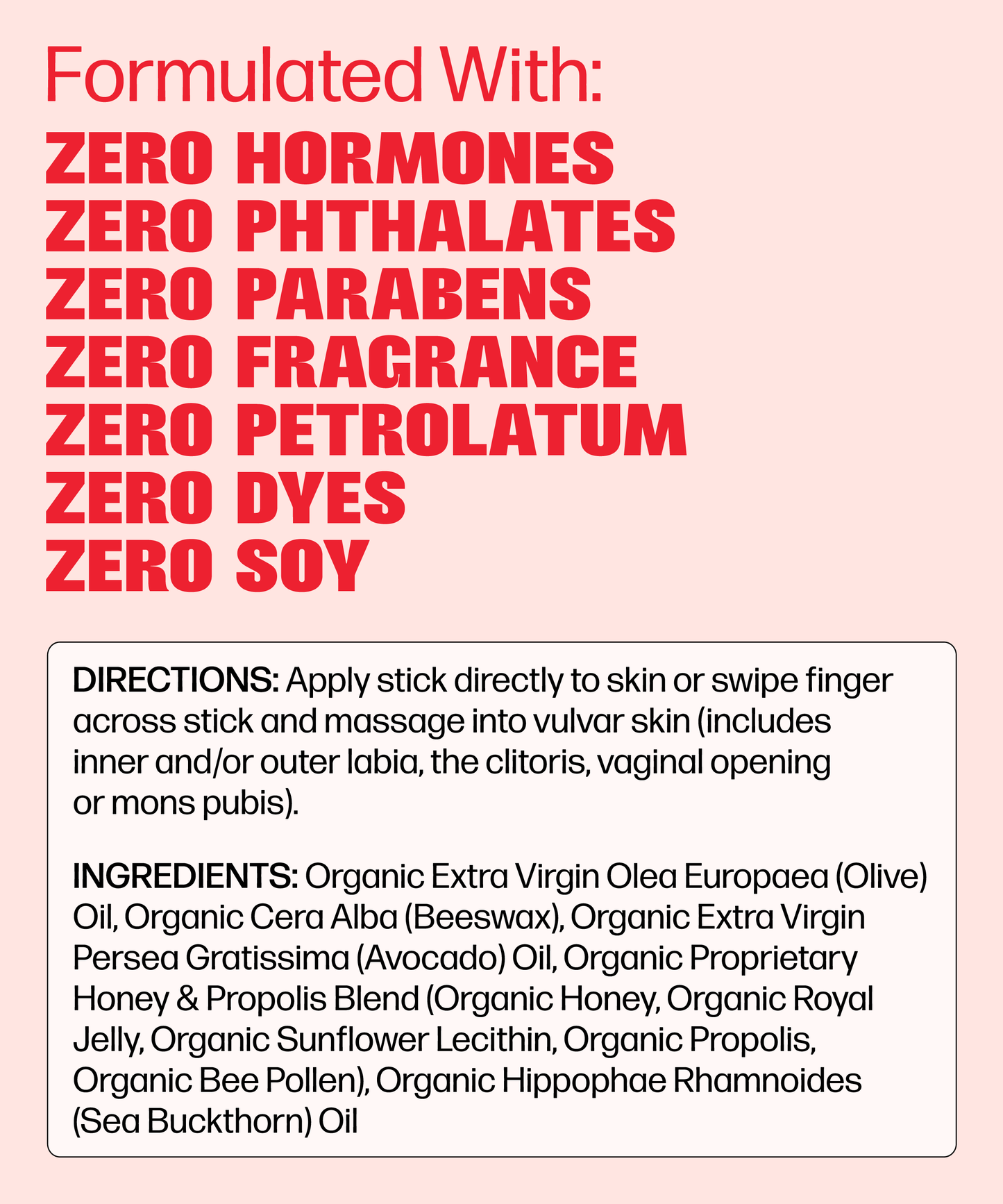 VMAGIC® Lips Stick label features bold text declaring it all-natural and free of hormones, phthalates, parabens, fragrance, petrolatum, dyes, and soy. Beneath this are directions and a list of organic ingredients.