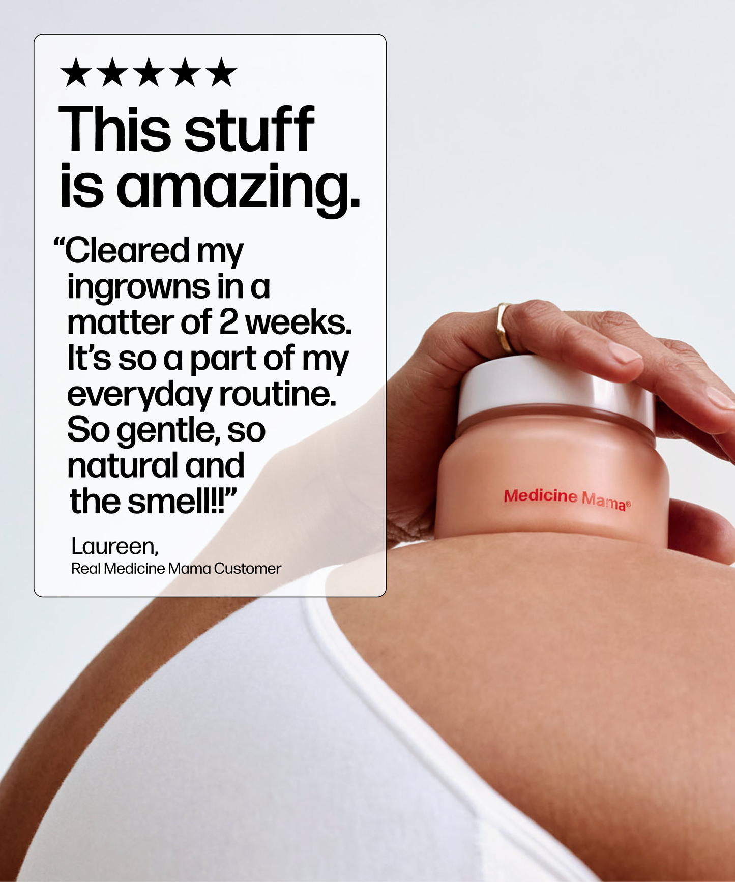 A hand holds a jar of Wholesale VMAGIC® Grooming Polish against bare skin. A text box beside it shows a 5-star review praising it for clearing ingrown hairs, being gentle and natural, and making skin grooming easy.