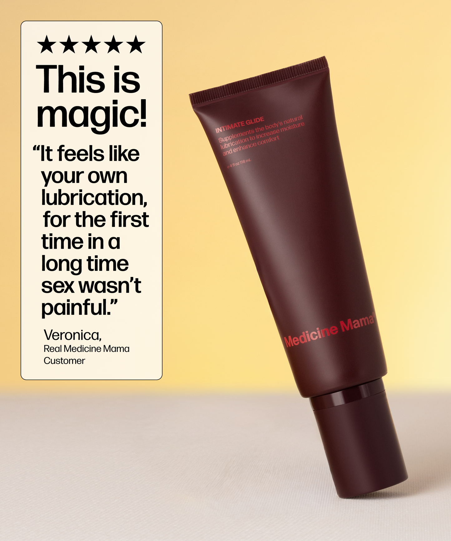 A dark red tube labeled Intimate Glide, a natural organic personal lubricant, stands upright on beige next to a customer review praising its natural feel and effectiveness, all set against a yellow background.