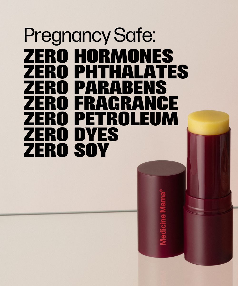 A burgundy tube labeled Birth Prep Bundle holds a yellow balm. Next to it, bold text reads: Pregnancy safe—perfect for perineal stretching and vulvar hydration. Free from hormones, phthalates, parabens, fragrance, petroleum, dyes, and soy.