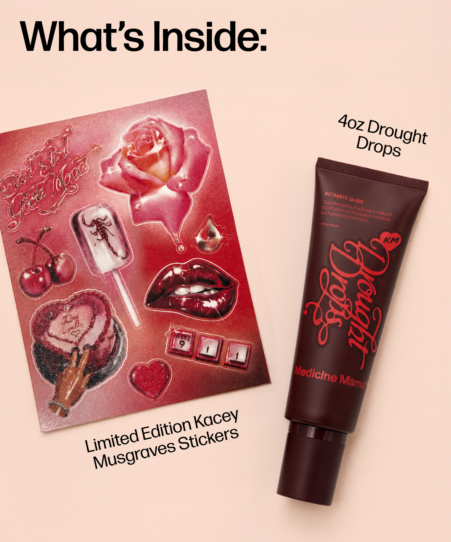 A 4oz bottle of Drought Drops lies beside a sheet of limited edition stickers inspired by Kacey Musgraves, featuring designs like roses, lips, and cherries. Text reads: What’s Inside: 4oz Drought Drops, Limited Edition Kacey Musgraves Collaboration Stickers.