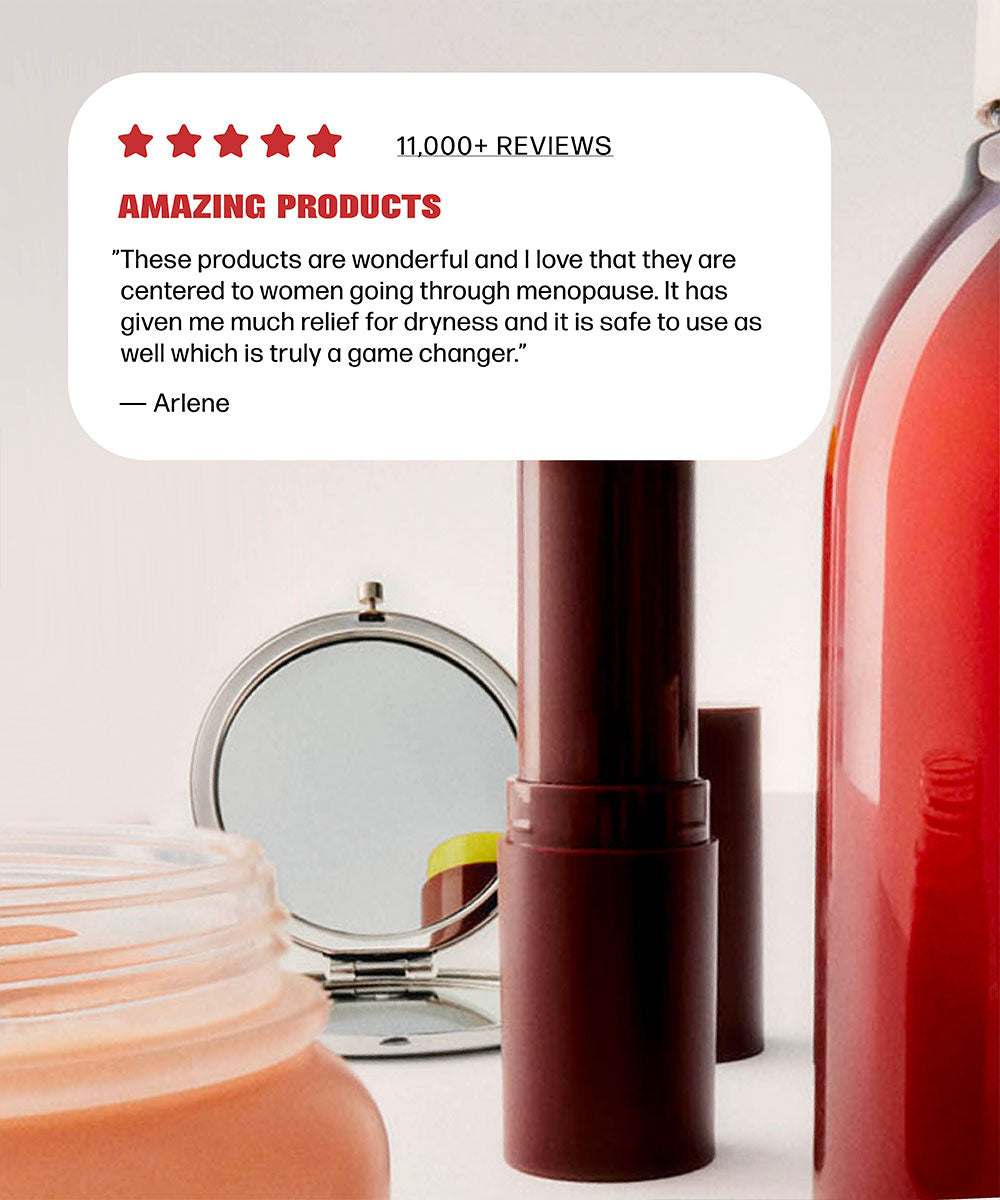 An image showcasing the Medicine Mama VMAGIC® Menopause Must-Haves feminine skincare line, featuring a bottle of cosmetics alongside a mirror.