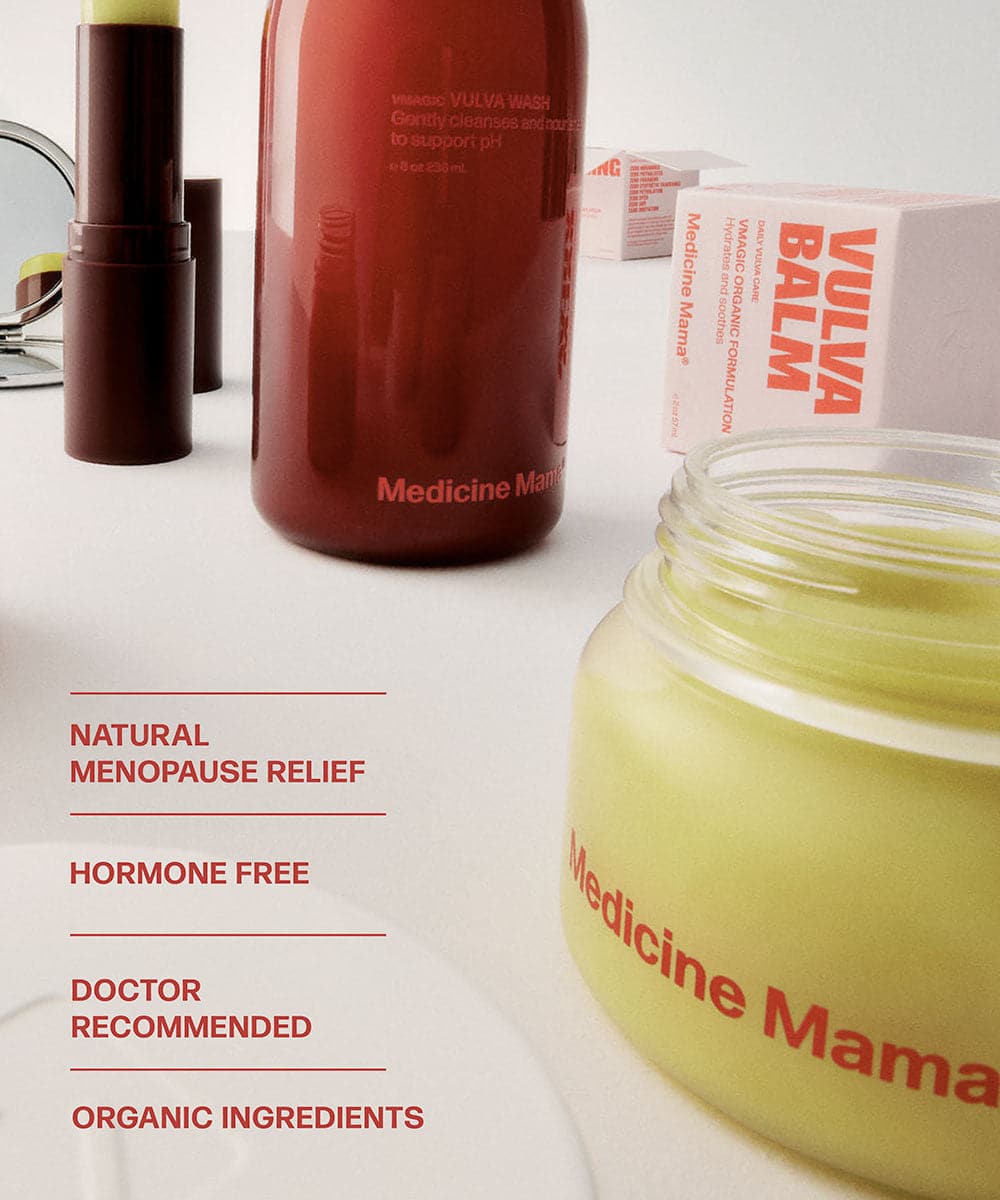 A variety of intimate skincare products, such as VMAGIC® Menopause Must-Haves from Medicine Mama, are shown on a table.