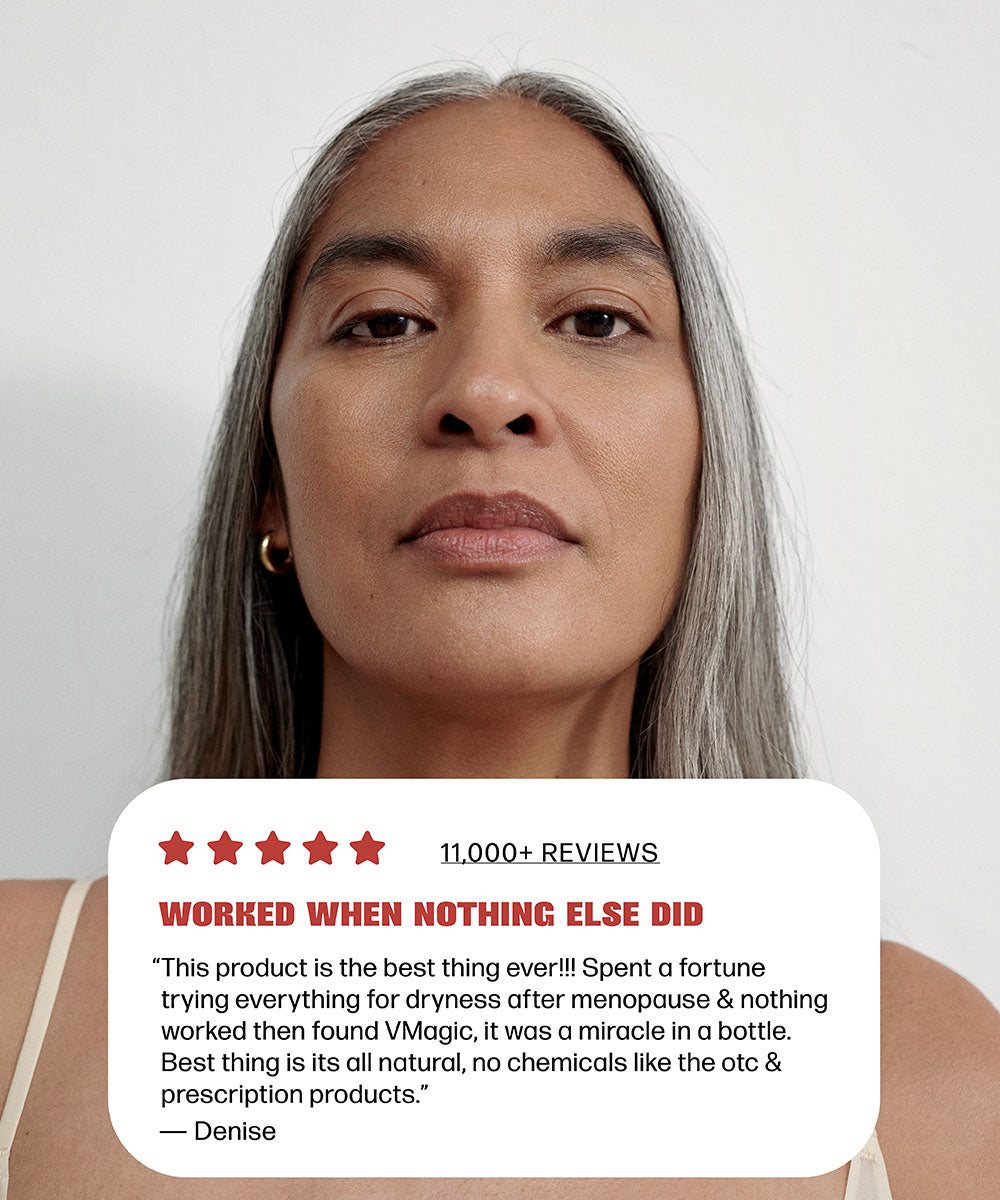 A woman with gray hair is standing in front of a Medicine Mama VMAGIC® Menopause Must-Haves skincare star rating.