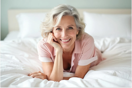 A smiling woman in her 50s relaxing comfortably in bed, representing confidence and comfort during perimenopause.
