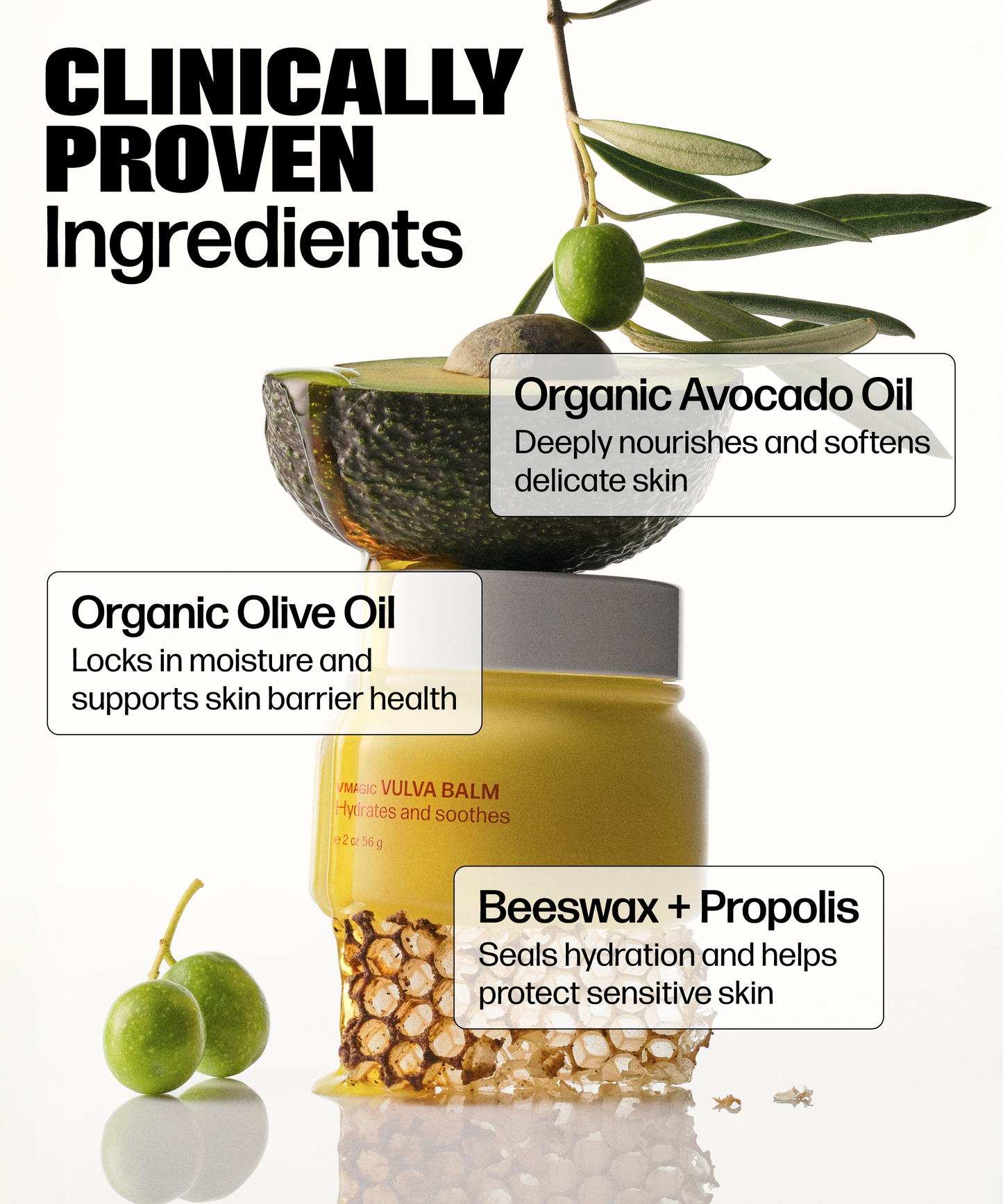 VMAGIC® Vulva Balm, made with organic avocado oil, organic olive oil, beeswax, and propolis, is pictured on honeycomb with olives and avocado—highlighting its pure ingredients for gentle vulva moisturizing.