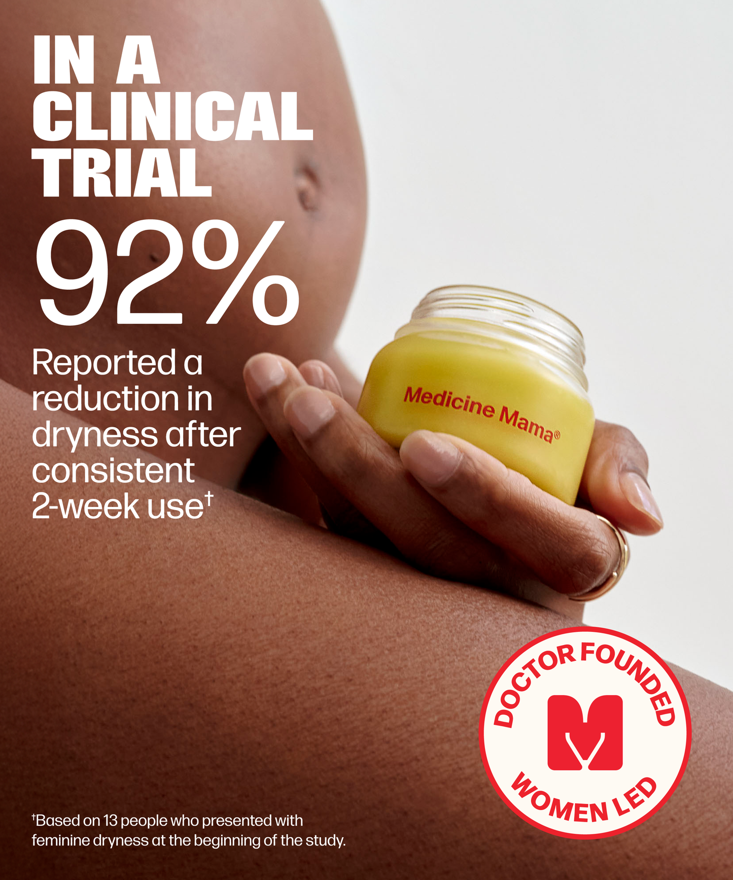 A person holds a jar of VMAGIC® Vulva Balm. Text says a clinical trial showed 92% reported less dryness in two weeks. A badge reads Doctor Founded, Women Led. Fine print notes trial size and study details.