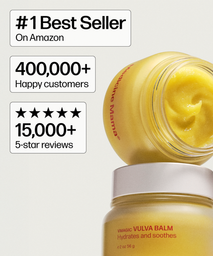 Open jar of VMAGIC® Vulva Balm near text: #1 Best Seller on Amazon, 400,000+ happy customers, and 15,000+ 5-star reviews. This organic moisturizer hydrates and soothes.