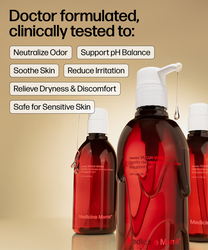 Three red pump bottles labeled VMAGIC® Vulva Wash are arranged on a beige surface. Text above highlights this gentle, pH-balanced, fragrance-free feminine cleanser for sensitive skin that soothes, reduces irritation, and relieves dryness.