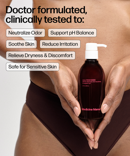 A person in brown underwear holds a VMAGIC® Vulva Wash pump bottle. Text highlights benefits: gentle feminine cleanser neutralizes odor, soothes skin, supports pH balance, is fragrance free, relieves dryness and irritation, safe for sensitive skin.
