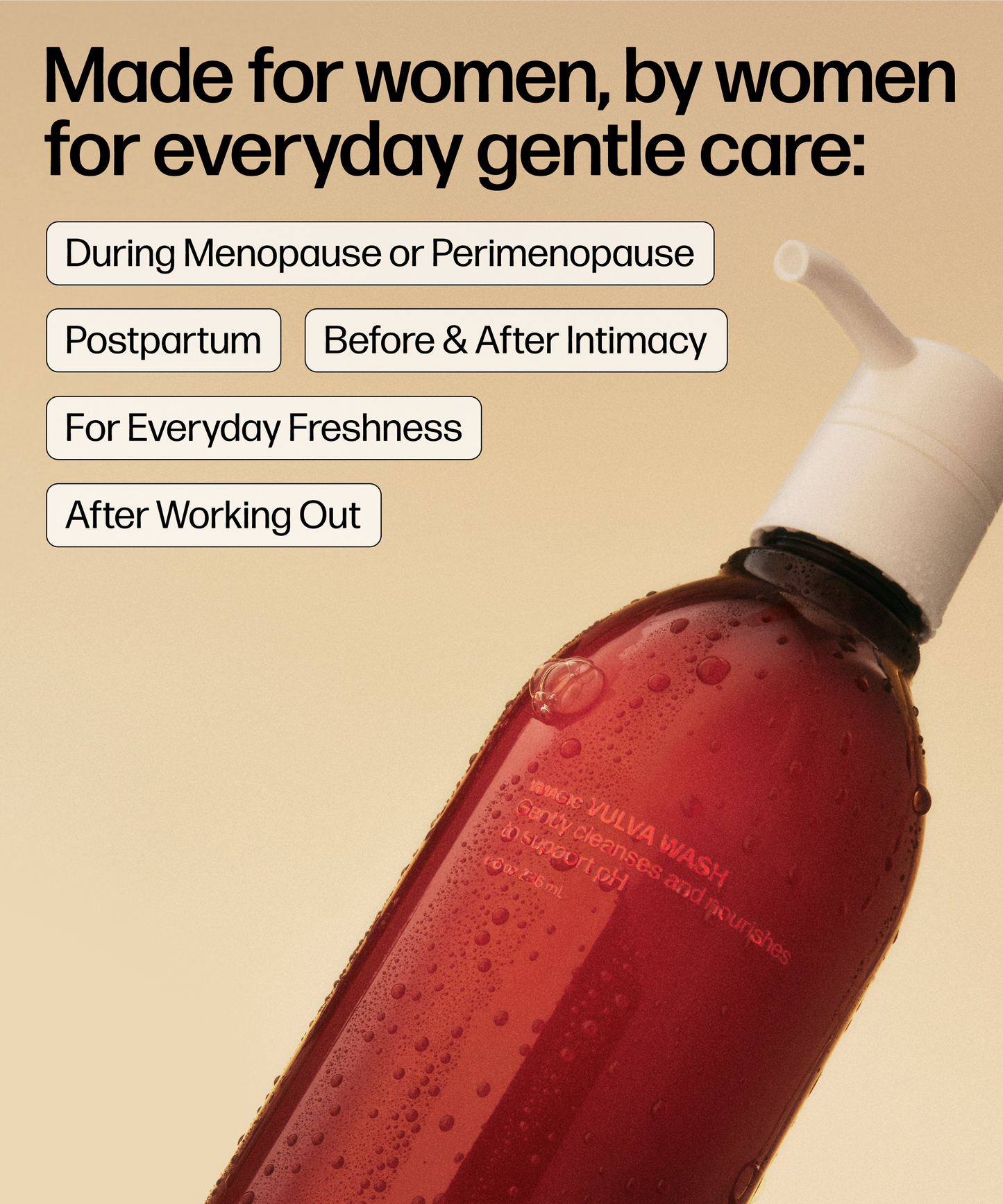 A brown pump bottle of VMAGIC® Vulva Wash is shown on a beige background, highlighting its pH balanced, gentle formula for use during menopause, postpartum, after intimacy, for freshness, and post-workout.