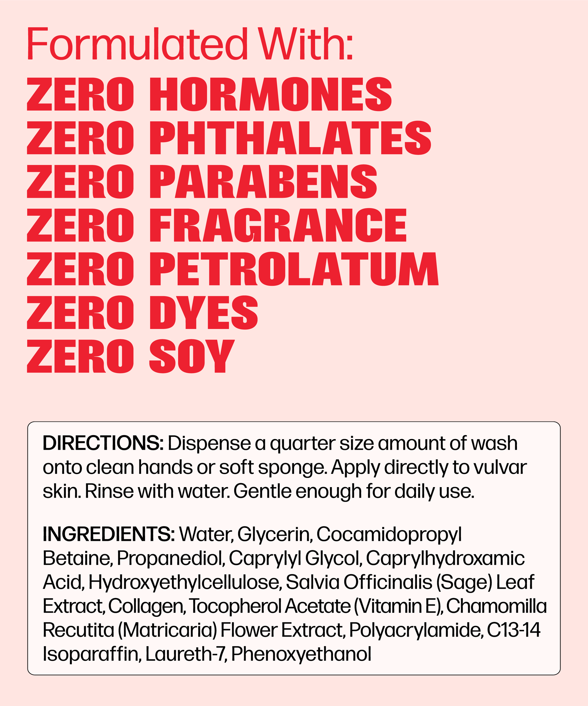 The VMAGIC® Vulva Wash label states it is a gentle feminine wash made with zero hormones, phthalates, parabens, fragrance, petrolatum, dyes, or soy. Directions and ingredients are listed below.