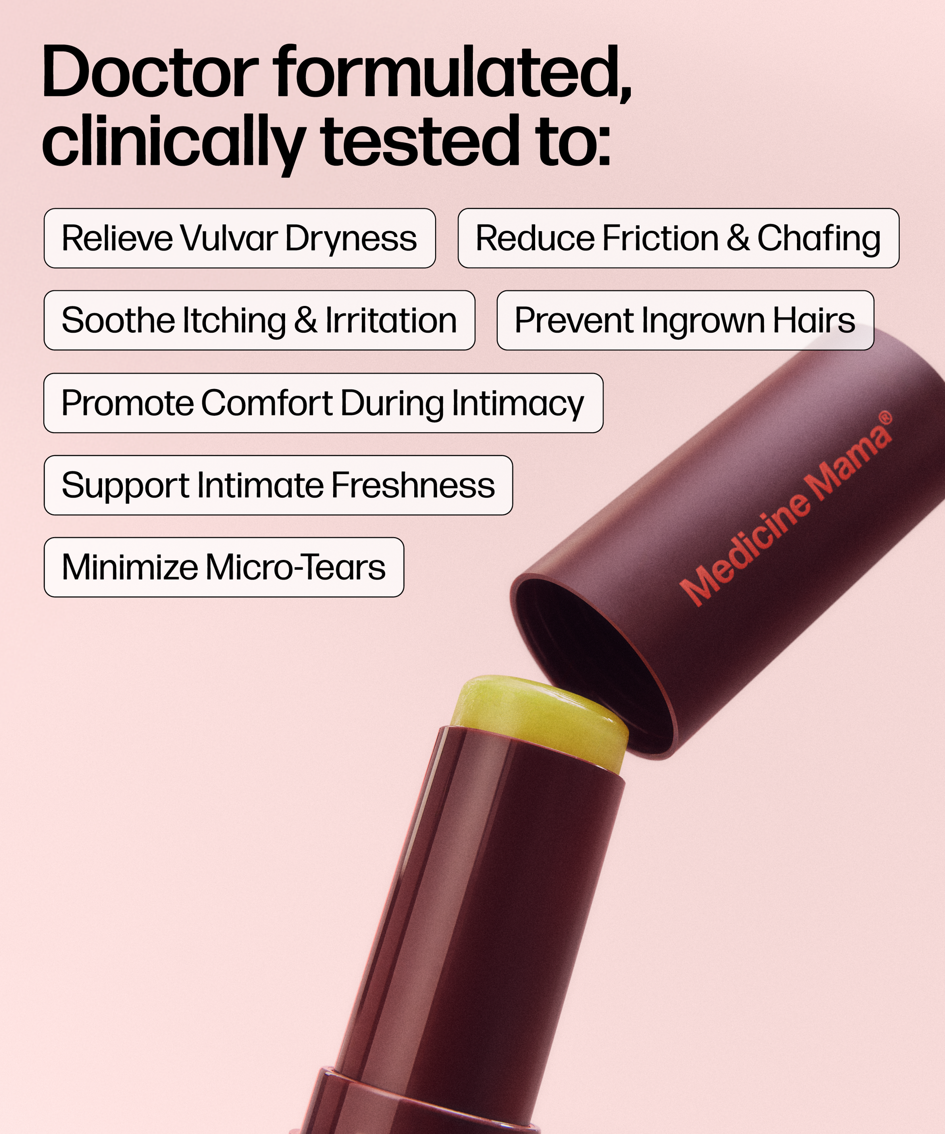 A close-up of an open VMAGIC® Lips Stick with text listing benefits: relieves dryness, reduces friction, soothes irritation, prevents ingrown hairs, promotes comfort, supports freshness, minimizes micro-tears.