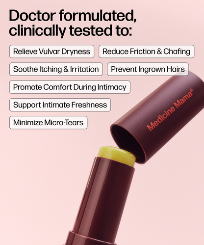 A close-up of an open VMAGIC® Lips Stick with text listing benefits: relieves dryness, reduces friction, soothes irritation, prevents ingrown hairs, promotes comfort, supports freshness, minimizes micro-tears.