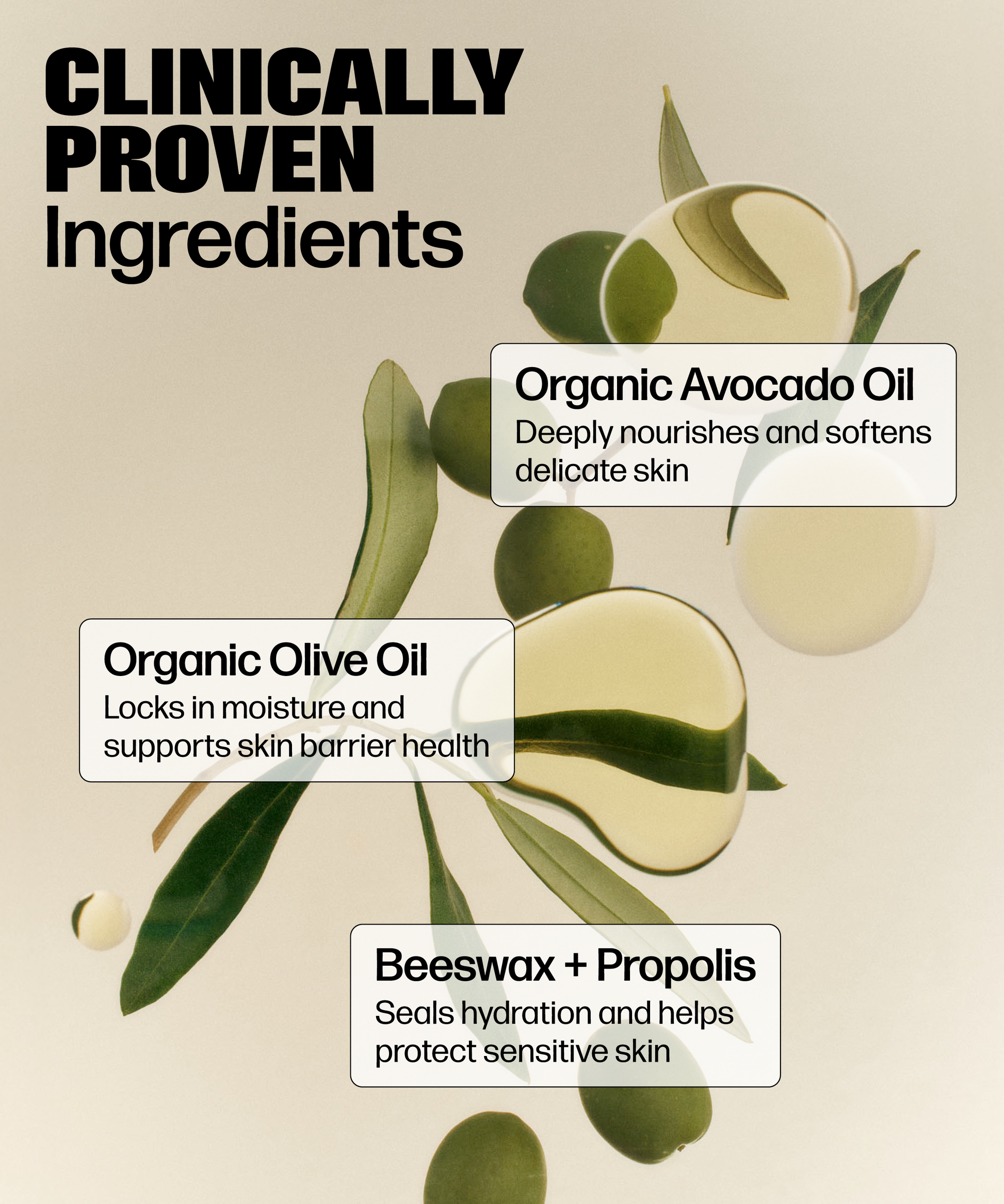 Abstract image with green leaves and oil droplets, featuring text boxes highlighting VMAGIC® Lips Stick’s all-natural, clinically proven ingredients—organic avocado oil, organic olive oil, beeswax + propolis—and their nourishing skincare benefits.