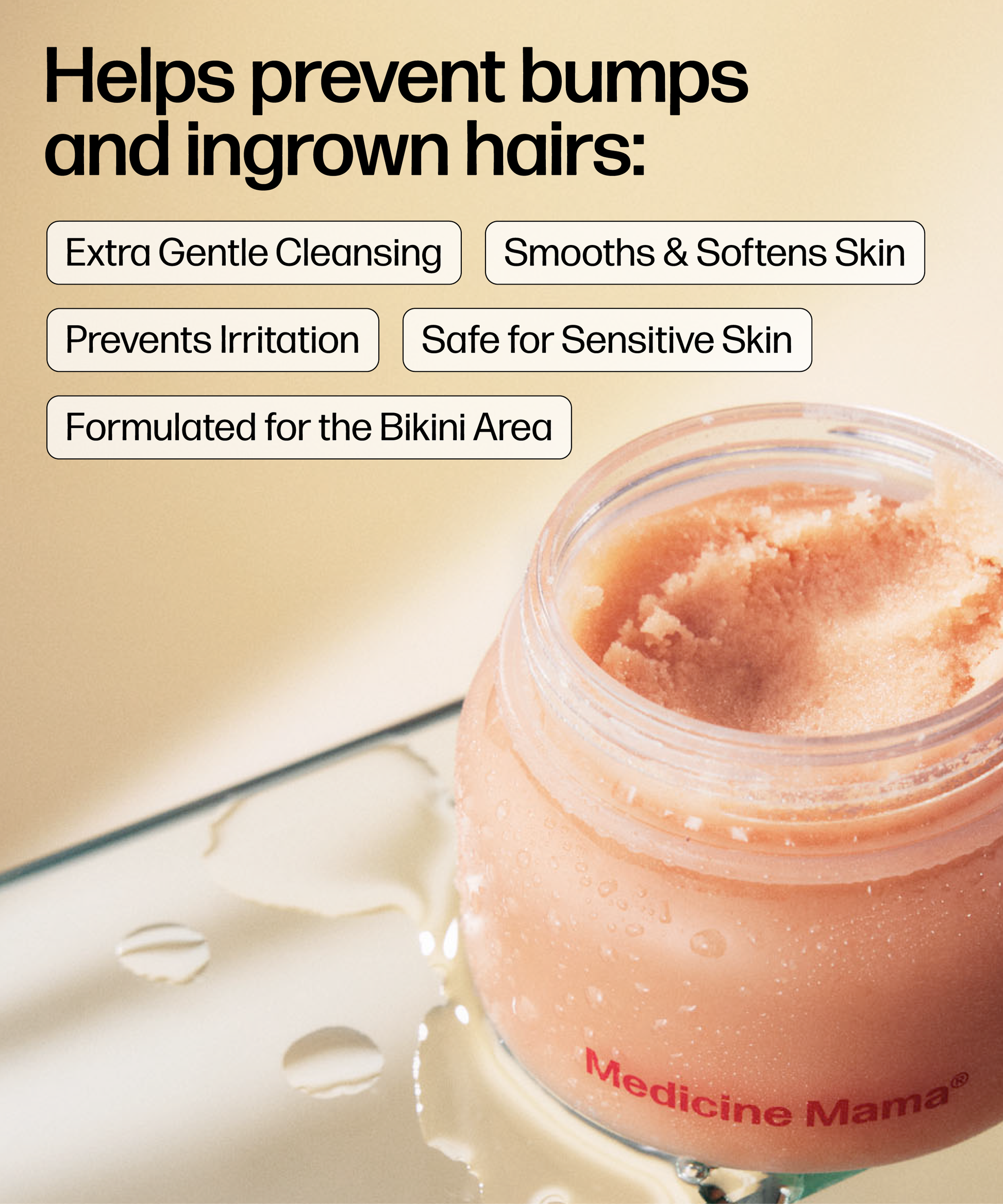 An open jar of Wholesale VMAGIC® Grooming Polish sits on a light surface. Text highlights its benefits: prevents ingrown hairs, gently cleanses, softens skin, prevents irritation, is safe and ideal for bikini area grooming.