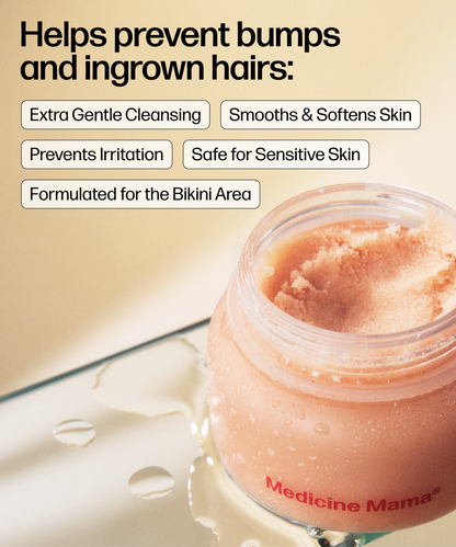 An open jar of Wholesale VMAGIC® Grooming Polish sits on a light surface. Text highlights its benefits: prevents ingrown hairs, gently cleanses, softens skin, prevents irritation, is safe and ideal for bikini area grooming.