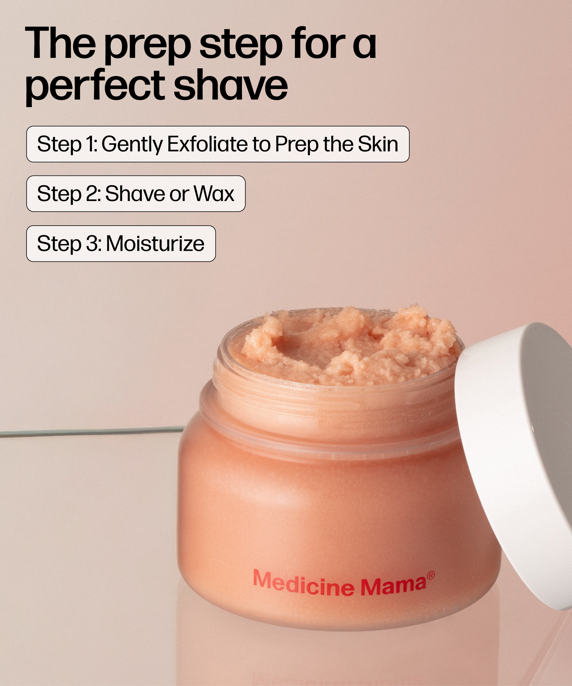 An open jar of Wholesale VMAGIC® Grooming Polish sits on a pale surface. Above, text recommends three steps—exfoliate, shave or wax, and moisturize—to help prevent ingrown hairs.
