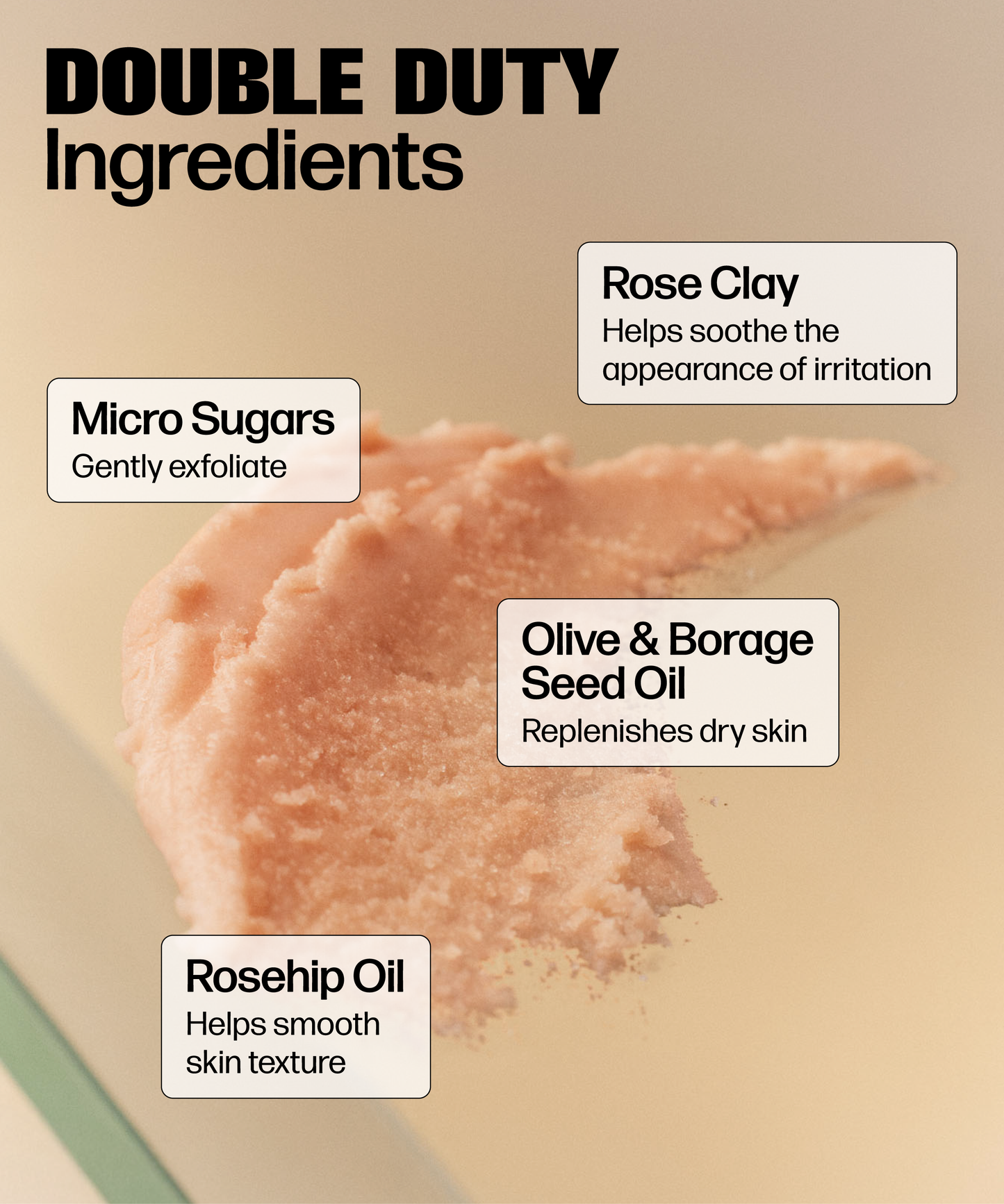A pink smear of Wholesale VMAGIC® Grooming Polish is shown with labeled ingredients: Micro Sugars (exfoliate, help prevent ingrowns), Rose Clay (soothes), Olive & Borage Seed Oil (replenish), and Rosehip Oil (smooths skin).