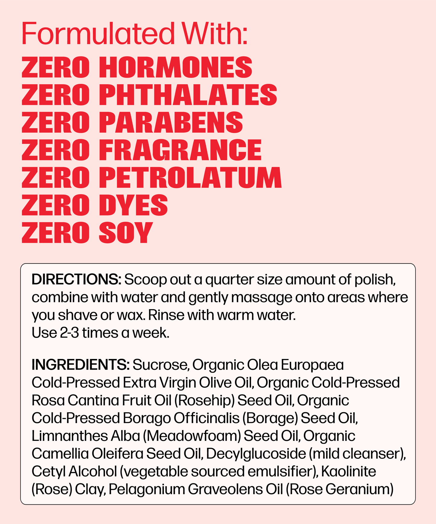 The Wholesale VMAGIC® Grooming Polish label features bold red text listing what it does NOT contain: hormones, phthalates, parabens, fragrance, petroleum, dyes, or soy—ideal for targeting ingrown hairs. Full usage directions and ingredients are provided below.
