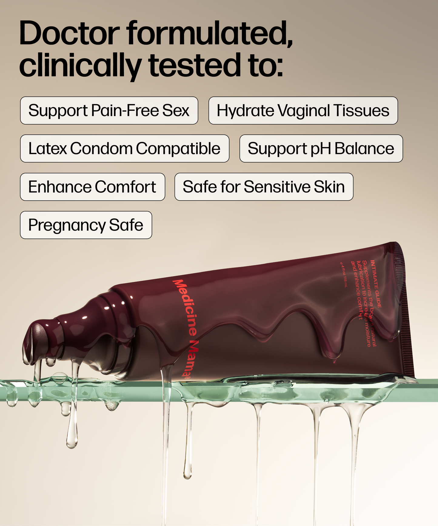 A maroon tube labeled Intimate Glide lies on its side, dispensing clear aloe personal lubricant onto glass. Text highlights benefits: pain-free sex, hydration, latex condom compatibility, pH balance, enhanced comfort and sensitivity.