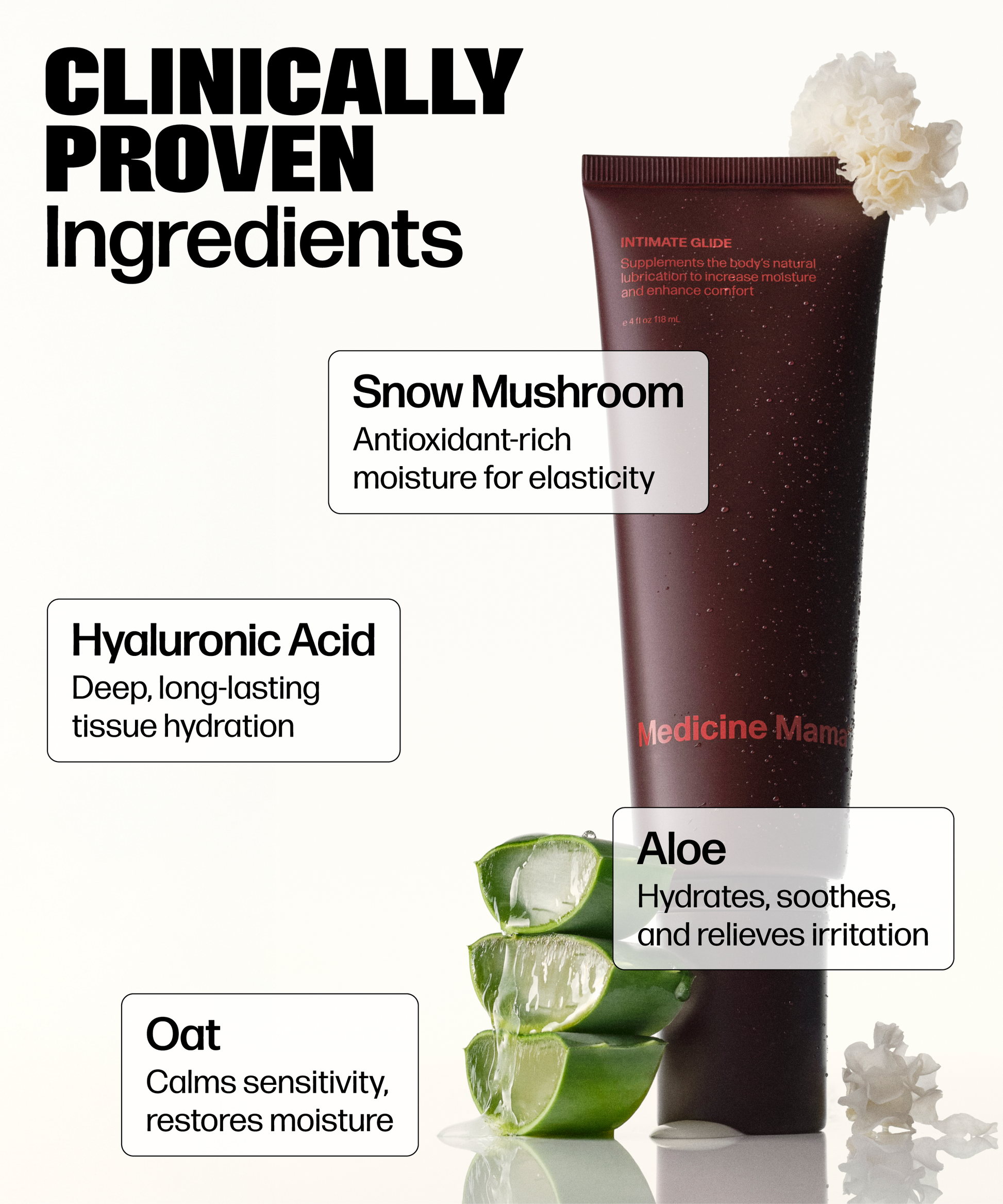 A brown tube labeled Intimate Glide stands upright with white flowers on top, surrounded by aloe vera and oats. Its ingredients—Snow Mushroom, Hyaluronic Acid, Aloe, and Oat—provide soothing hydration as a vaginal moisturizer.