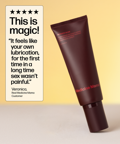 A dark red tube labeled Intimate Glide, a natural organic personal lubricant, stands upright on beige next to a customer review praising its natural feel and effectiveness, all set against a yellow background.