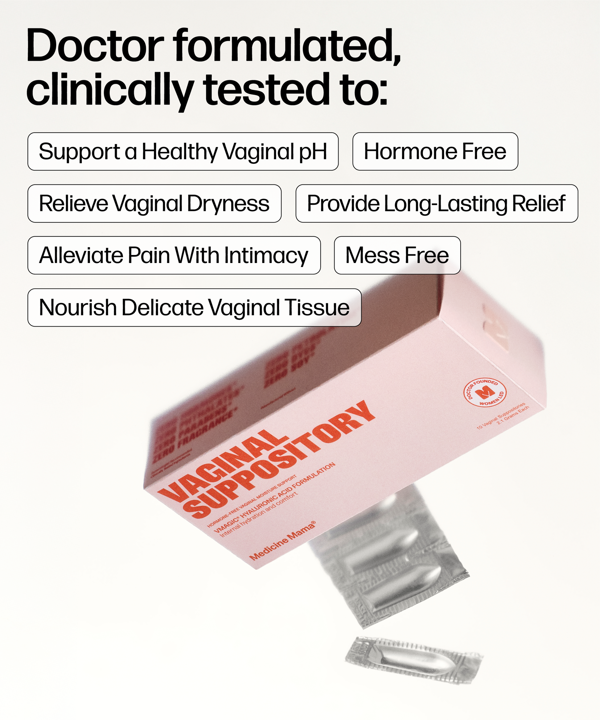 A pink VMAGIC® Vaginal Suppository box with suppositories beside it. Text highlights: supports vaginal pH, relieves dryness, eases intimacy pain, nourishes with hyaluronic acid, and is hormone- & mess-free.