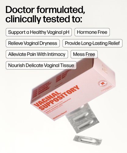 A pink VMAGIC® Vaginal Suppository box with suppositories beside it. Text highlights: supports vaginal pH, relieves dryness, eases intimacy pain, nourishes with hyaluronic acid, and is hormone- & mess-free.