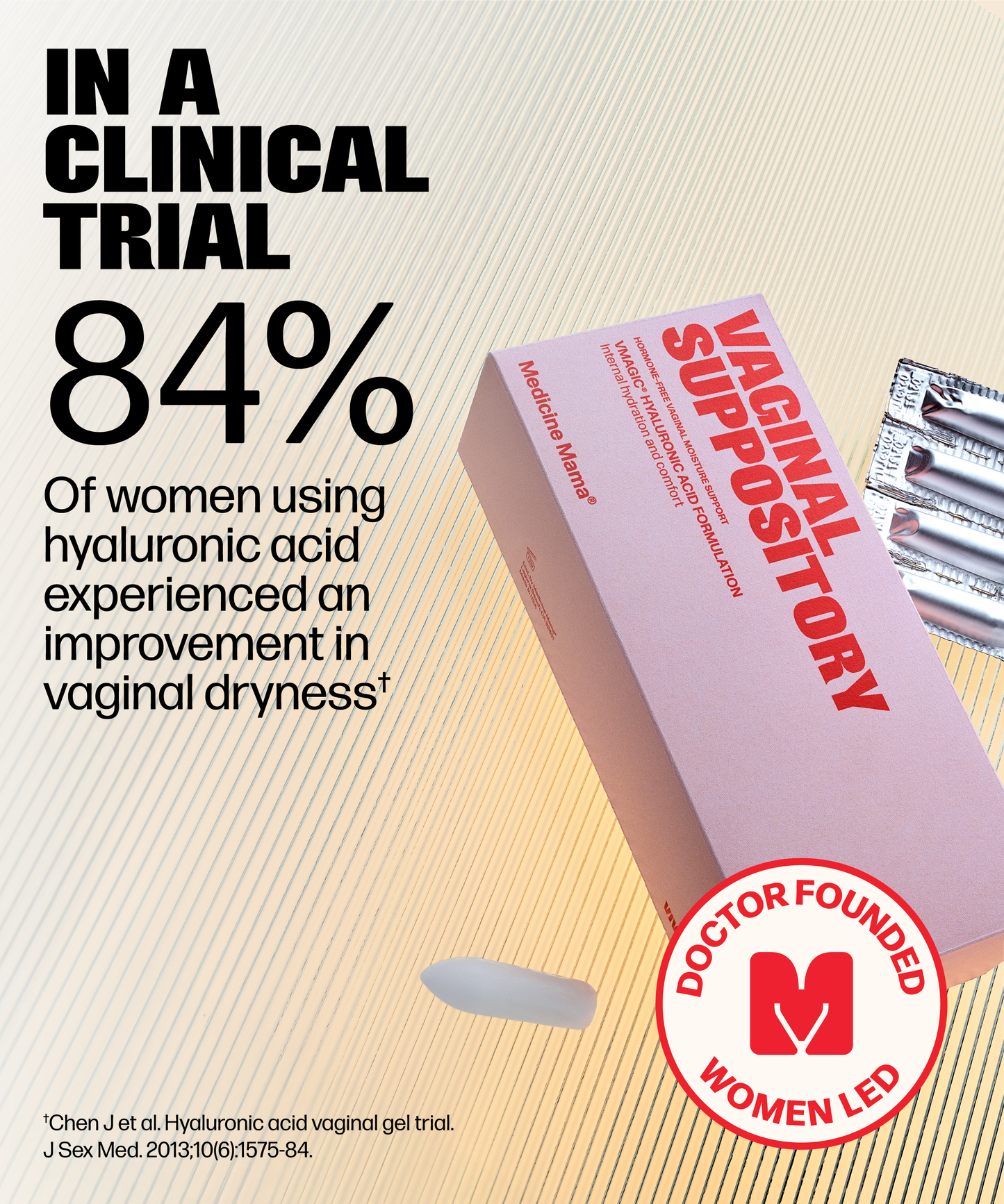 A pink box labeled VMAGIC® Vaginal Suppository with applicators beside it. Text: In a clinical trial, 84% of women using hyaluronic acid saw improvement in vaginal dryness. Doctor founded, women led.