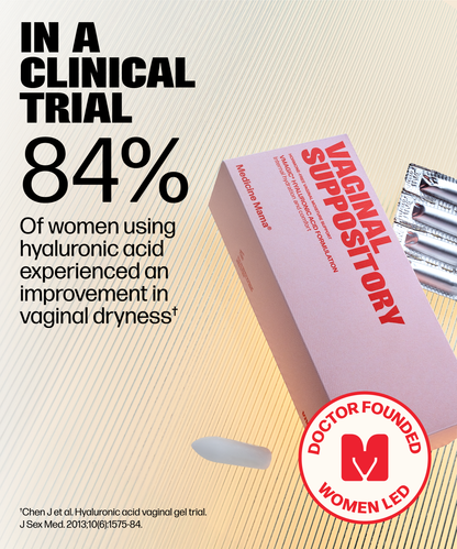 A pink box labeled VMAGIC® Vaginal Suppository with applicators beside it. Text: In a clinical trial, 84% of women using hyaluronic acid saw improvement in vaginal dryness. Doctor founded, women led.