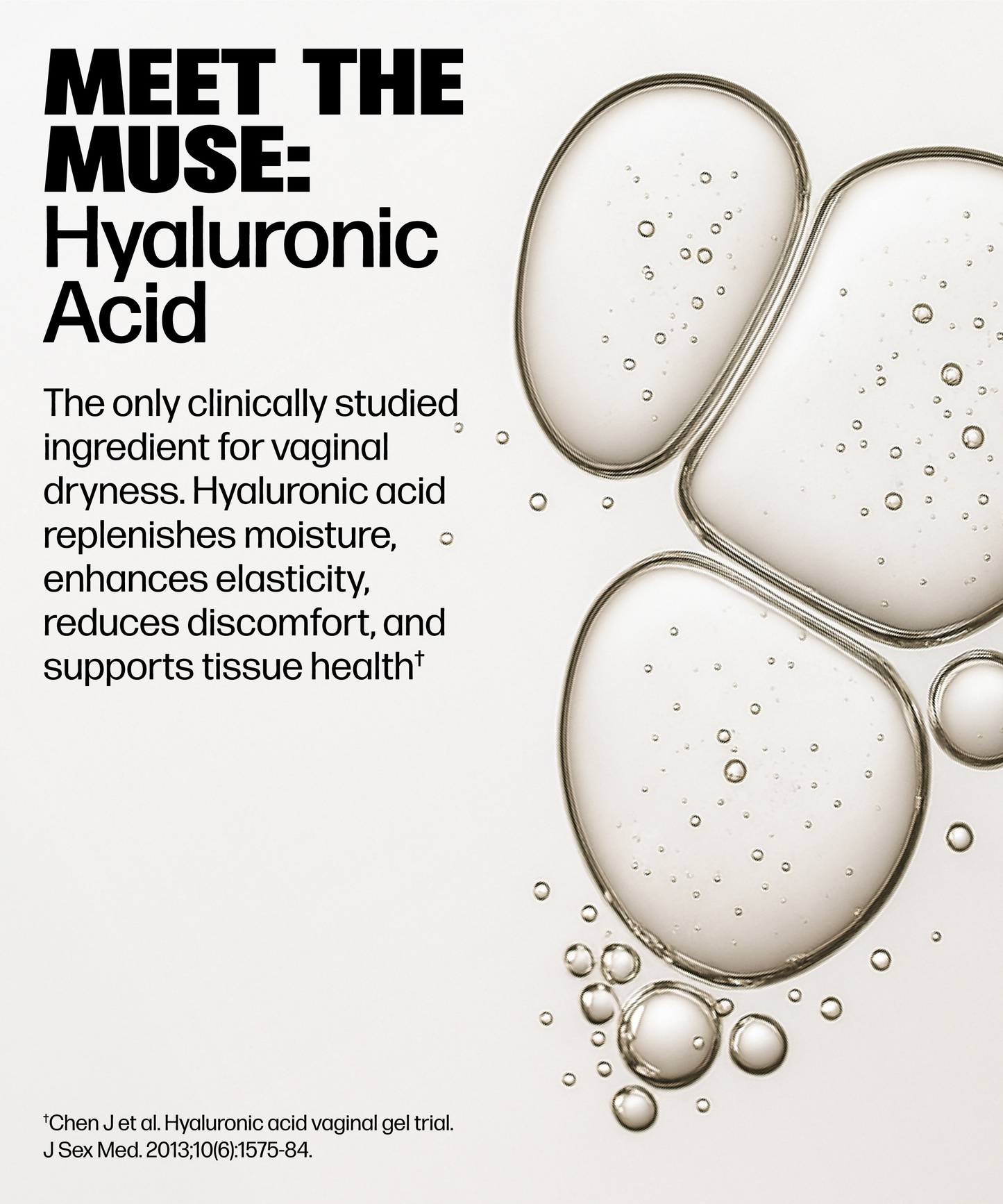 Graphic titled “Meet the Muse: VMAGIC® Vaginal Suppository.” Text explains it replenishes moisture, enhances elasticity, and supports tissue health to relieve vaginal dryness, with abstract bubbles in the background.