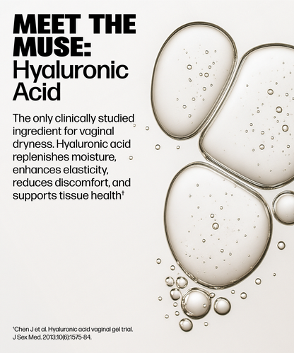Graphic titled “Meet the Muse: VMAGIC® Vaginal Suppository.” Text explains it replenishes moisture, enhances elasticity, and supports tissue health to relieve vaginal dryness, with abstract bubbles in the background.