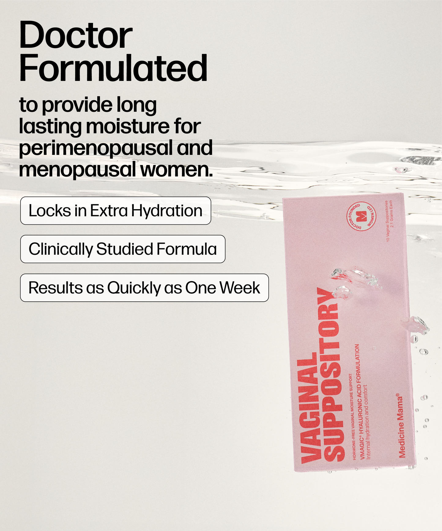 A pink VMAGIC® Vaginal Suppository box floats in water. Text above reads: Doctor formulated with hyaluronic acid for lasting moisture and relief from vaginal dryness for perimenopausal and menopausal women. Three boxes show key benefits.