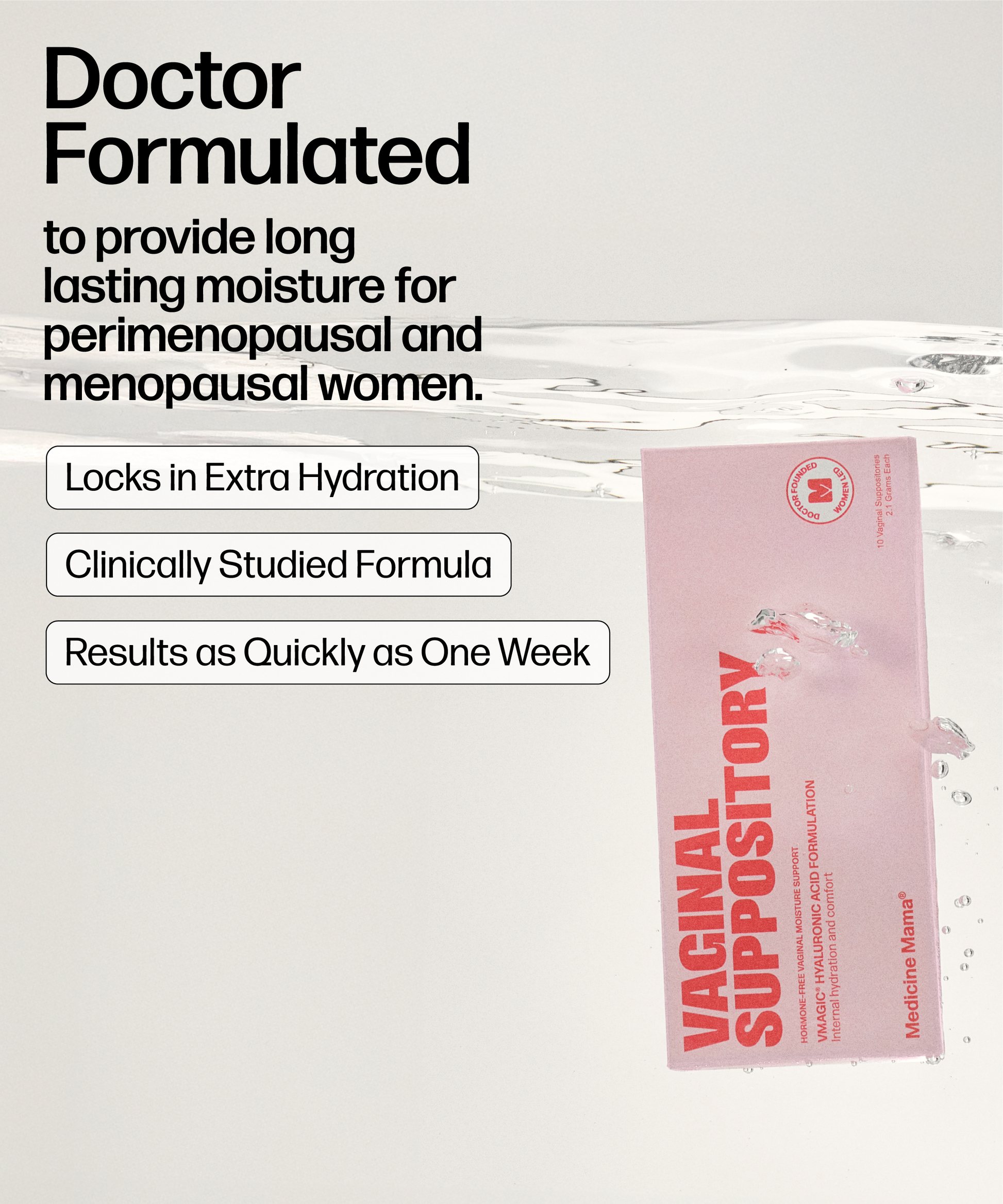 A pink VMAGIC® Vaginal Suppository box floats in water. Text above reads: Doctor formulated with hyaluronic acid for lasting moisture and relief from vaginal dryness for perimenopausal and menopausal women. Three boxes show key benefits.