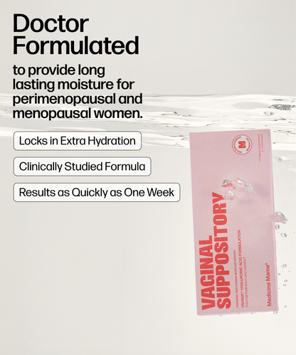 A pink VMAGIC® Vaginal Suppository box floats in water. Text above reads: Doctor formulated with hyaluronic acid for lasting moisture and relief from vaginal dryness for perimenopausal and menopausal women. Three boxes show key benefits.