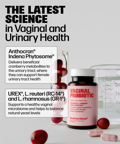 A supplement bottle labeled 'VAGINAL PROBIOTIC' by Medicine Mama, shown with capsules and loose red and pink capsules on a white background with informational text callouts about Anthocyan Indena Phytosome and urinary tract health benefits.
