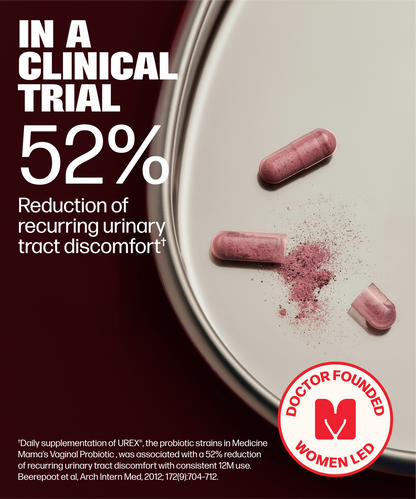 A promotional graphic with a dark maroon background and large white text reading 'IN A CLINICAL TRIAL 52% Reduction of recurring urinary tract discomfort'. A white plate is shown on the right with three pinkish-purple capsules and a small amount of powder, plus a red circular badge that says 'Doctor Founded Women Led'.