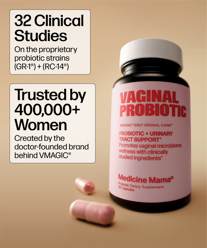 A bottle of VMAGIC Vaginal Probiotic dietary supplement capsules with two pink capsules in front, set against a warm beige background with two informational text boxes highlighting clinical studies and trust metrics.