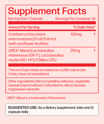 A supplement facts label for a dietary supplement capsule, showing serving size, daily value information, ingredients including cranberry and UREX Blend, and suggested use text at the bottom on a white background.