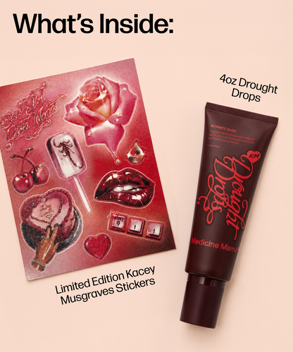 A 4oz bottle of Drought Drops lies beside a sheet of limited edition stickers inspired by Kacey Musgraves, featuring designs like roses, lips, and cherries. Text reads: What’s Inside: 4oz Drought Drops, Limited Edition Kacey Musgraves Collaboration Stickers.