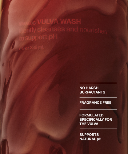 A bottle with a red VMAGIC® Vulva Wash - PREORDER Ships 1/17/24 by Medicine Mama on it.