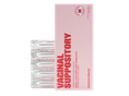 A pink box labeled Vaginal Suppository stands next to a blister pack containing white suppositories, against a plain white background.