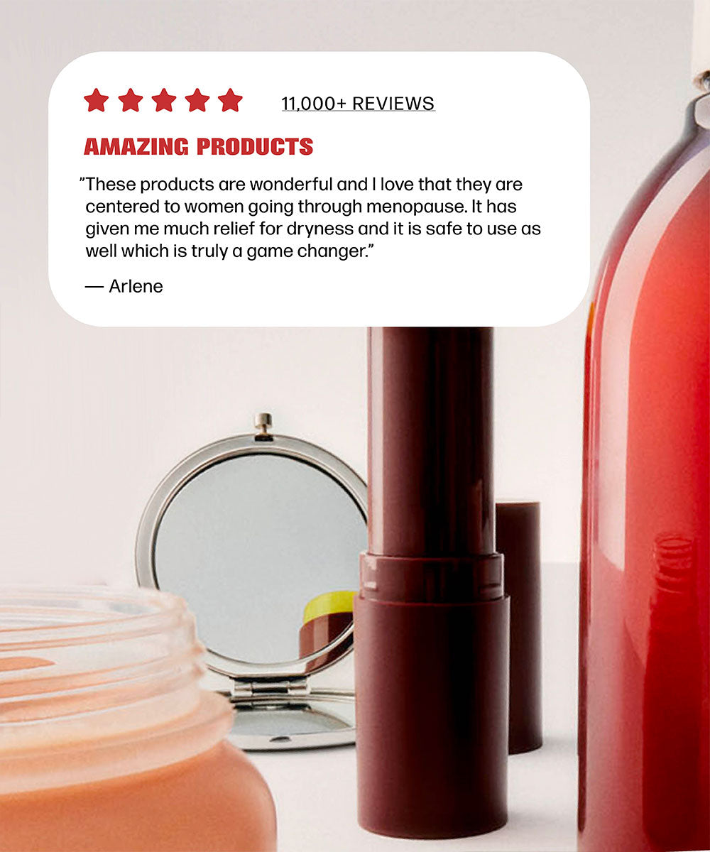 An image of a bottle of VMAGIC® Menopause Must-Haves designed to provide menopause relief and support, along with a mirror for self-reflection, by Medicine Mama.