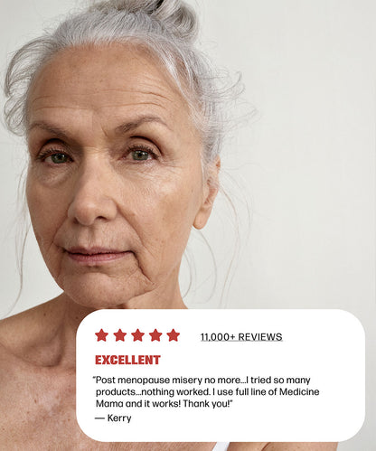 A woman's face displaying a star rating as a symbol of support for VMAGIC® Menopause Must-Haves - PREORDER Ships 1/26/24 by Medicine Mama during menopause.
