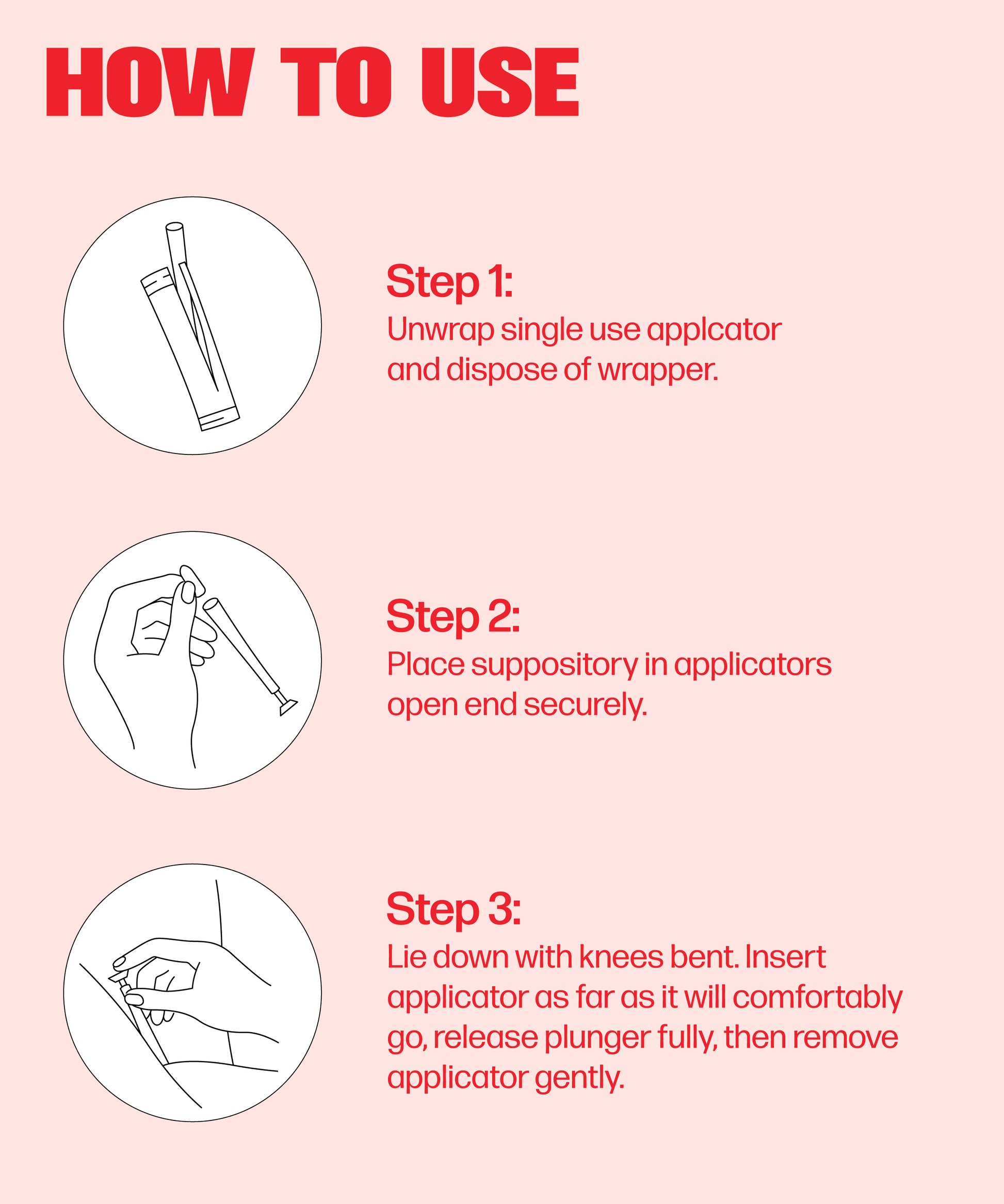 Instructional graphic titled “How to Use Vaginal Suppository Applicators” with three steps: 1) Unwrap applicator. 2) Insert suppository into open end. 3) Lie down, insert applicator, release plunger, and remove gently for mess-free use.